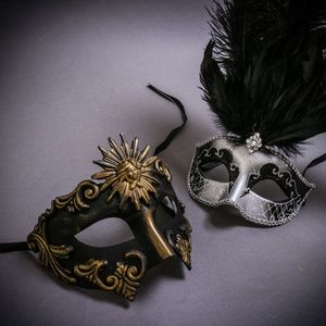 Black Gold Men Roman Greek Emperor Siiver Women Feather Mardi Gras Party Mask